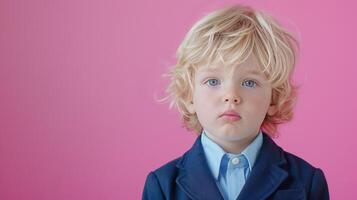 A little boy dressed in school uniform, blank pastel background photo