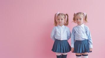 Two little girls dressed in school uniform, blank pink background photo