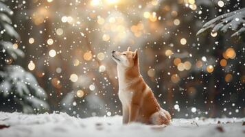 Christmas dog portrait in the snow, winter landscape background photo