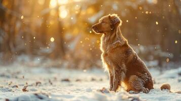 Christmas dog portrait in the snow, winter landscape background photo