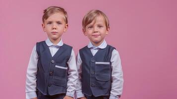 Two little boys dressed in school uniform, blank pink background photo
