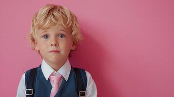A little boy dressed in school uniform, blank pastel background photo