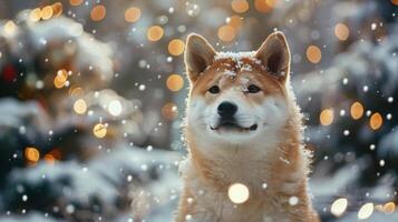 Christmas dog portrait in the snow, winter landscape background photo