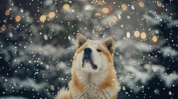 Christmas dog portrait in the snow, winter landscape background photo