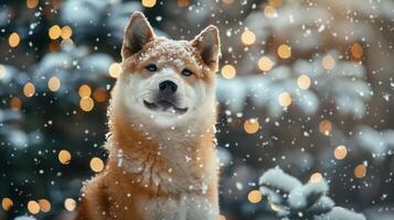 Christmas dog portrait in the snow, winter landscape background photo