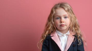 A little girl dressed in school uniform, blank pastel background photo