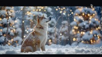 Christmas dog portrait in the snow, winter landscape background photo