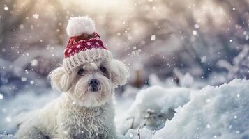 Christmas dog portrait in the snow, winter landscape background photo