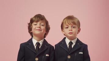 Two little boys dressed in school uniform, blank pink background photo