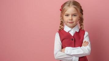 A little girl dressed in school uniform, blank pastel background photo