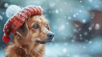 Christmas dog portrait in the snow, winter landscape background photo