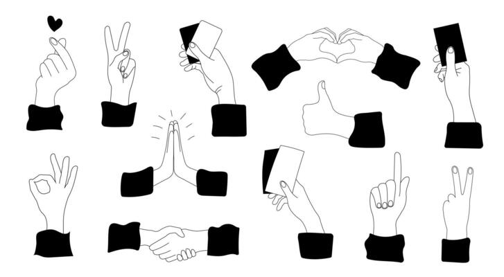 Set of hand gestures high five, ok, peace, prayer, handshake, thumbs up, index finger, hearts. White background. Hand drawn line. Black and white illustration
