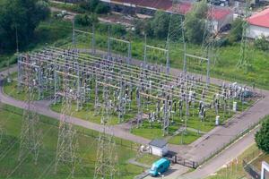 Power plant - transformation station. Multitude of cables and wires. photo