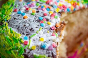 A cake with sprinkles on it is decorated with colorful sprinkles. photo