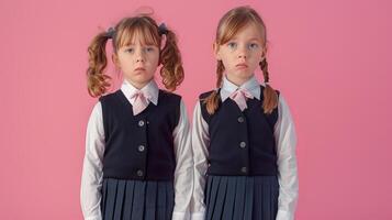 Two little girls dressed in school uniform, blank pink background photo