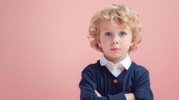 A little boy dressed in school uniform, blank pastel background photo