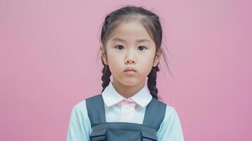 A little girl dressed in school uniform, blank pastel background photo
