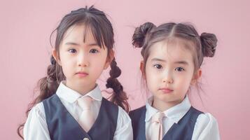 Two little girls dressed in school uniform, blank pink background photo
