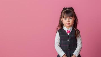 A little girl dressed in school uniform, blank pastel background photo