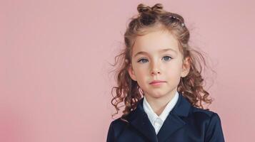 A little girl dressed in school uniform, blank pastel background photo