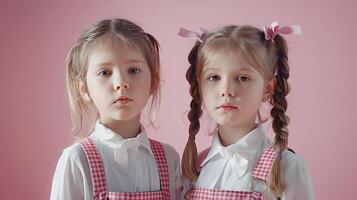 Two little girls dressed in school uniform, blank pink background photo