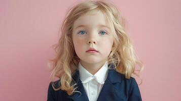 A little girl dressed in school uniform, blank pastel background photo