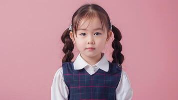 A little girl dressed in school uniform, blank pastel background photo