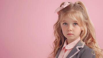 A little girl dressed in school uniform, blank pastel background photo