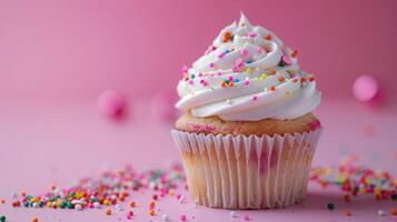 A cupcake with cream on the isolated pink pastel background photo
