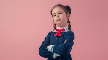 A little girl dressed in school uniform, blank pastel background photo