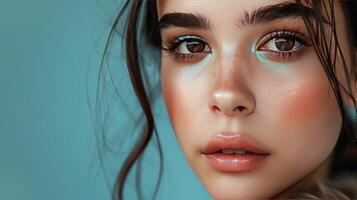 A female model with professional makeup on empty isolated background photo