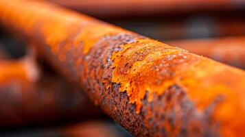 Closeup of rust on a steel pipe highlighting the contrast between shiny metal and corroded areas photo
