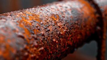 Closeup of rust on a steel pipe highlighting the contrast between shiny metal and corroded areas photo