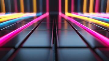 Dark background with neon lines forming a grid pink and yellow spotlights highlighting intersections photo