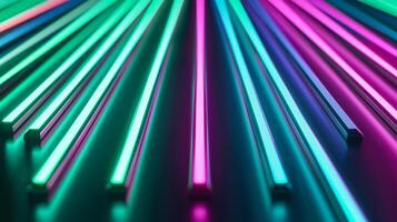 Close up of neon lines forming geometric patterns on a dark background green and purple spotlights highlighting the edges photo