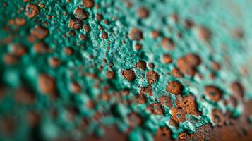 Macro shot of aged copper with green patina and rusty patches showcasing times effect on metal photo