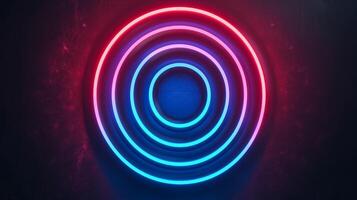 Isolated neon lines forming concentric circles on a dark gradient background red and cyan spotlights illuminating the rings photo