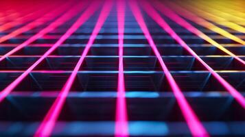 Dark background with neon lines forming a grid pink and yellow spotlights highlighting intersections photo