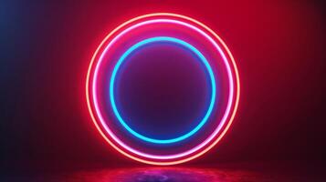Isolated neon lines forming concentric circles on a dark gradient background red and cyan spotlights illuminating the rings photo