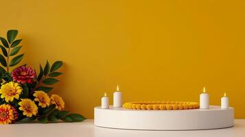 3D podium on a gradient background with Diwali theme decorated with diyas rangoli patterns and marigold flowers gold to maroon gradient photo