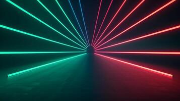 Isolated neon lines creating a starburst effect on a dark gradient background green and red spotlights illuminating the center photo