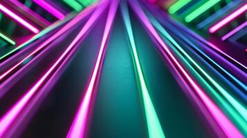 Close up of neon lines forming geometric patterns on a dark background green and purple spotlights highlighting the edges photo