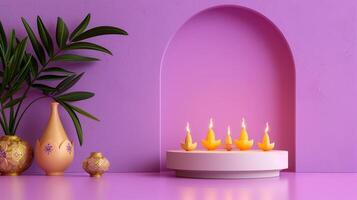 3D podium on a gradient background with Diwali night theme highlighted with lit diyas decorative lamps and traditional patterns purple to gold gradient photo