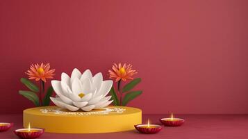 3D podium on a gradient background with Diwali theme decorated with diyas rangoli patterns and marigold flowers gold to maroon gradient photo