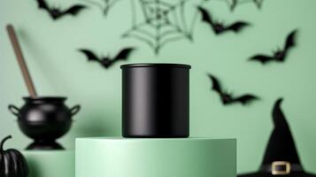 3D podium on a gradient background with Halloween party theme decorated with spider webs witches hats and cauldrons black to green gradient photo