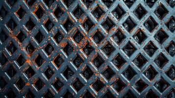 Metal background with a grid pattern and rust spots industrial style dark gray and brown tones photo