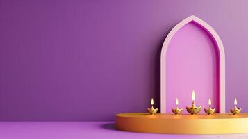 3D podium on a gradient background with Diwali night theme highlighted with lit diyas decorative lamps and traditional patterns purple to gold gradient photo
