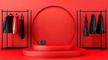 3D podium on a gradient background with Black Friday fashion theme adorned with clothing racks accessories and discount signs black to red gradient photo