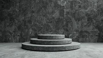 3D podium on a cast iron background rugged and sturdy with a matte dark gray finish photo
