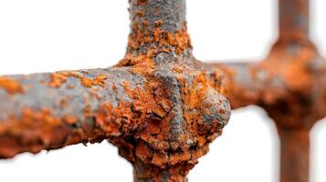 Corroded iron gate closeup with flaky rust and rich texture isolated on white background photo